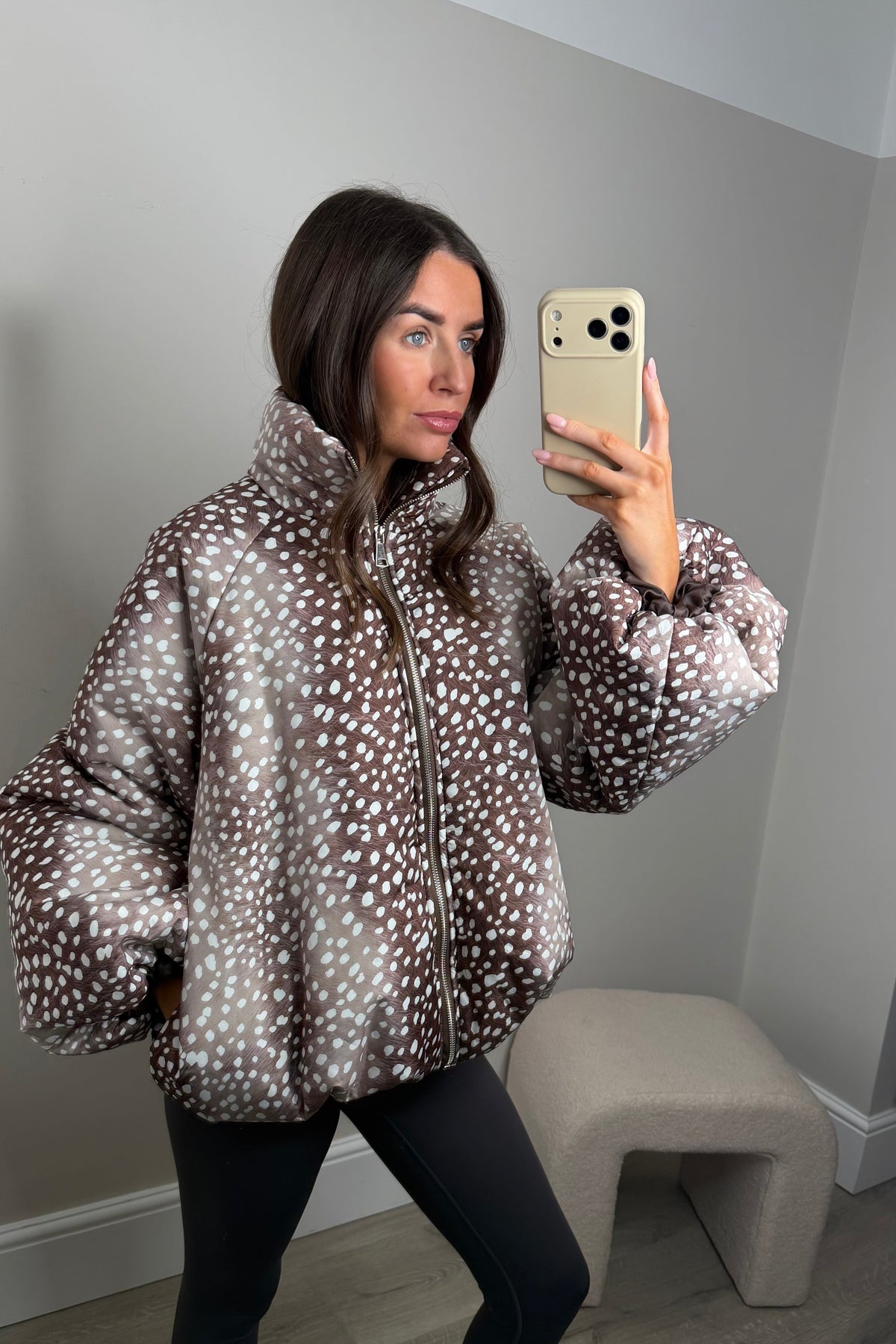 BAMBI PRINT PUFFER JACKET - BEIGE