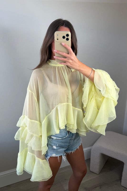SHEER RUFFLE BLOUSE - YELLOW