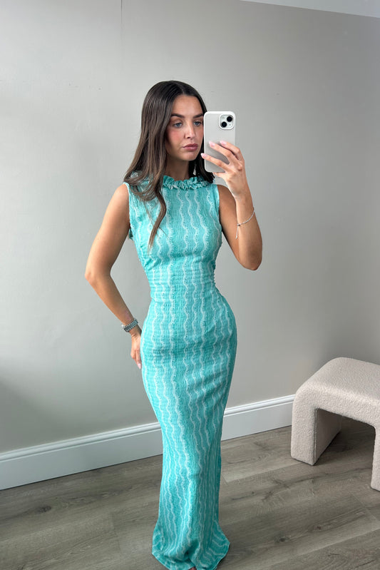 FRILL BACKLESS LONG DRESS - BLUE