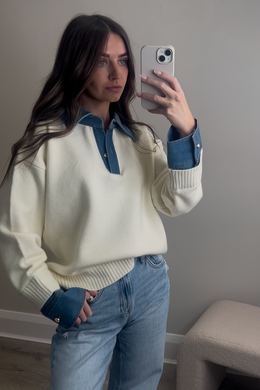 ‘ROSA’ DENIM COLLAR KNIT - CREAM