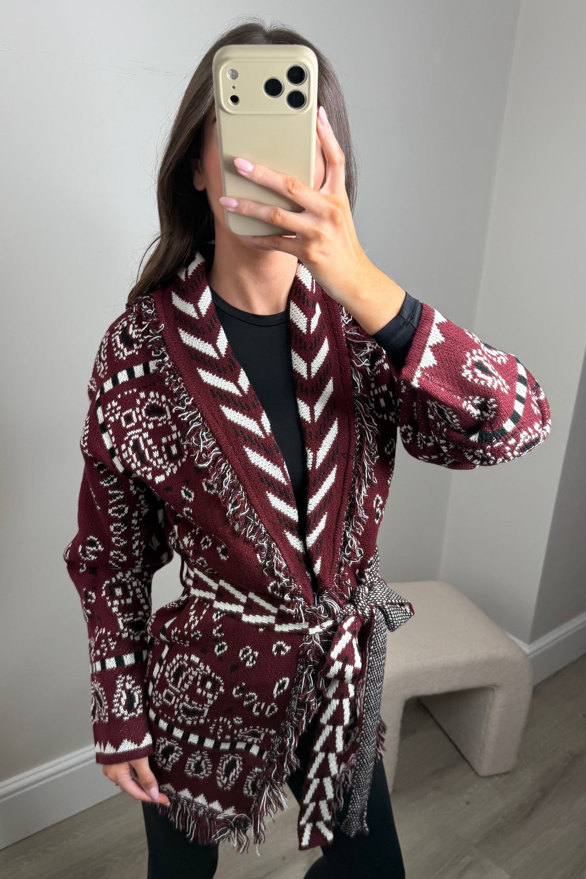 PARI BANDANA FRINGE CARDIGAN - BURGUNDY