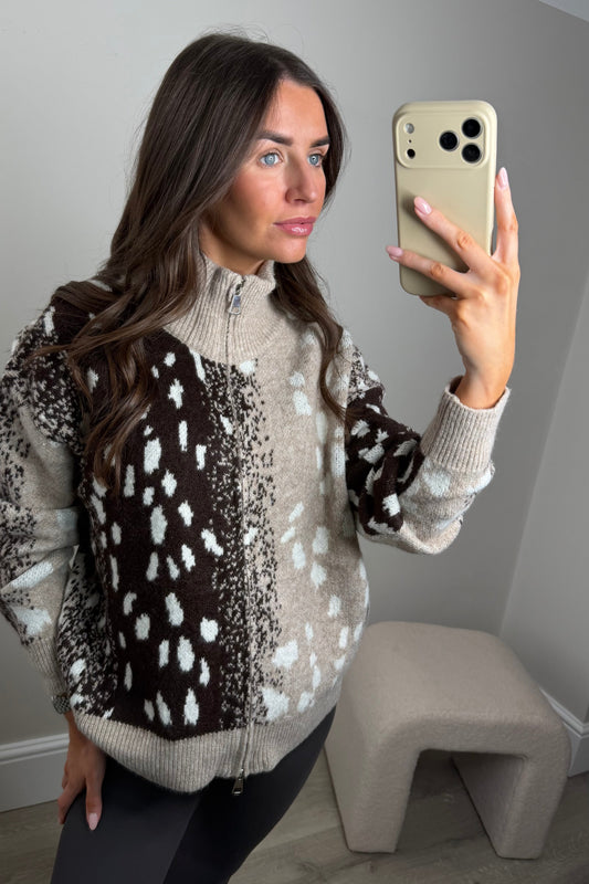 DEER PRINT ZIP UP CARDIGAN