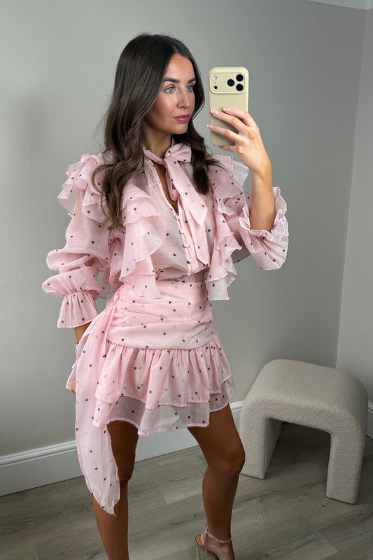 ‘FREYA’ FRILL HEART BLOUSE AND SKIRT SET - PINK