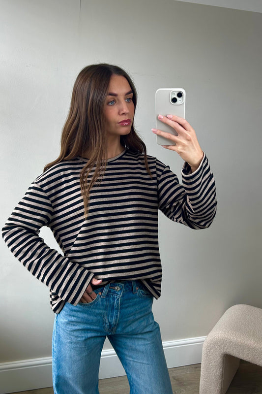 STRIPED LONG SLEEVE TOP - BLACK