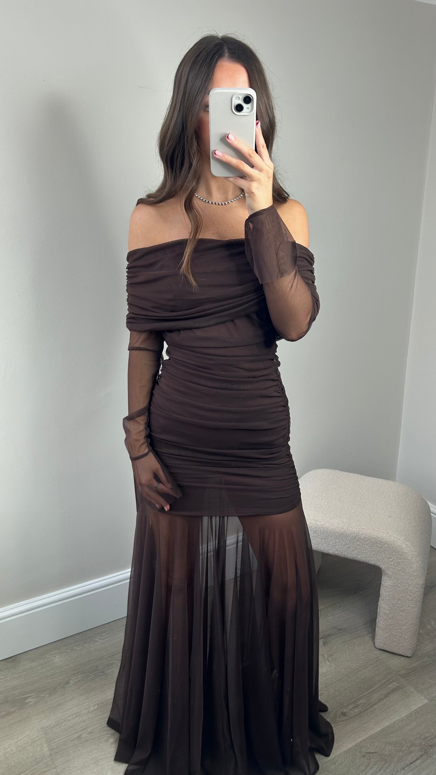 LONG MESH RUCHED DRESS - BROWN