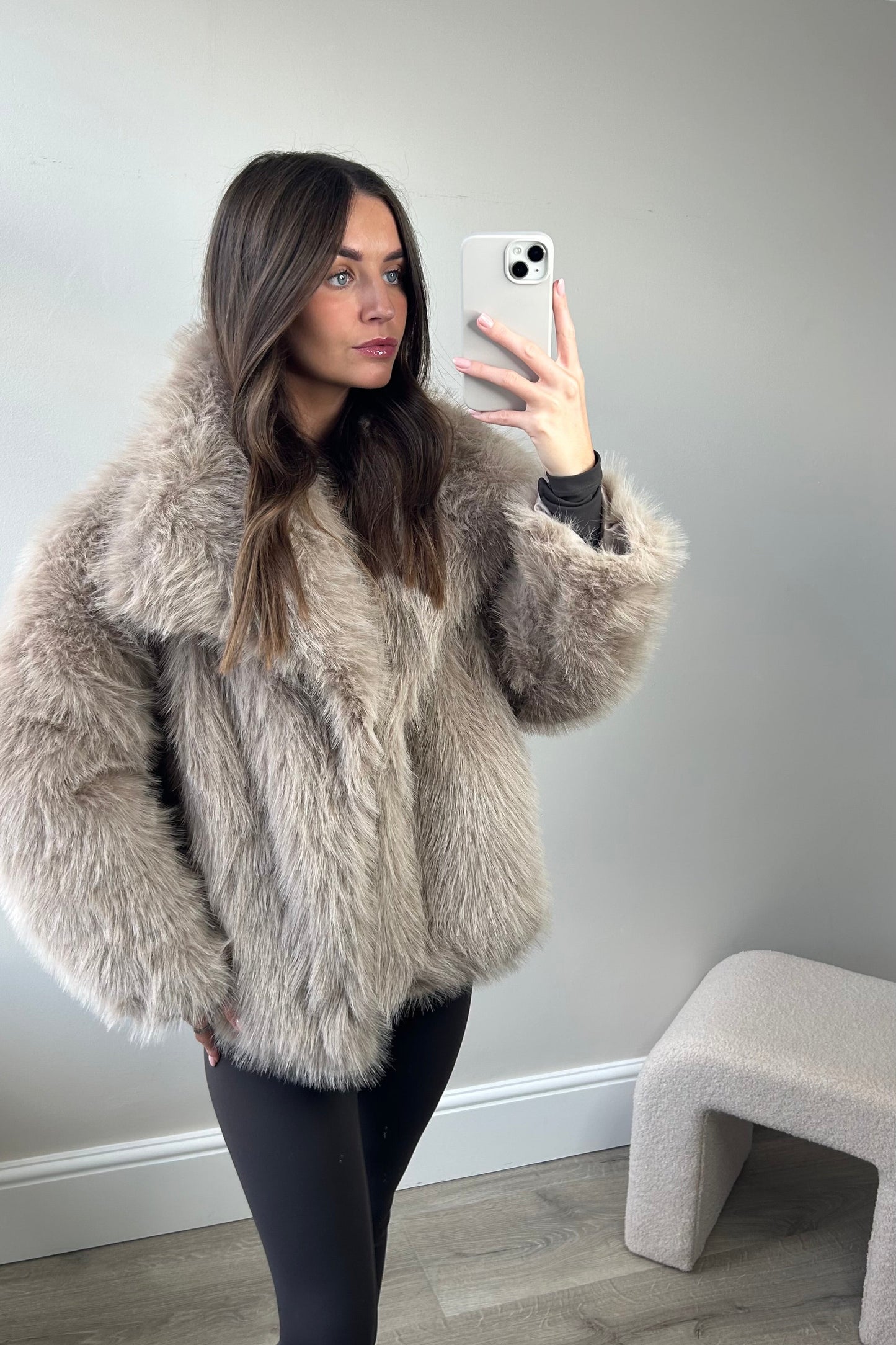 'ALBA' FAUX FUR COAT - STONE