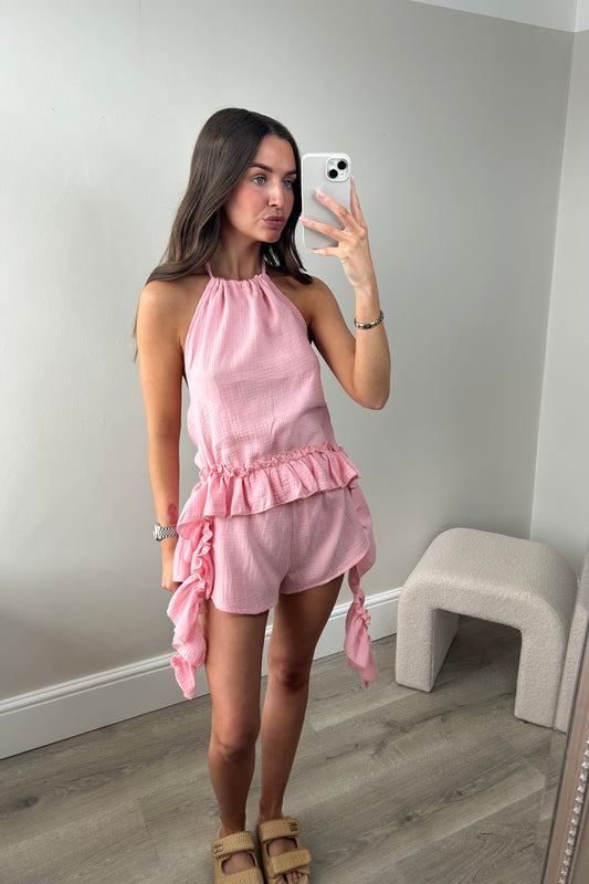 RUFFLE TOP & SHORTS CO ORD - PINK