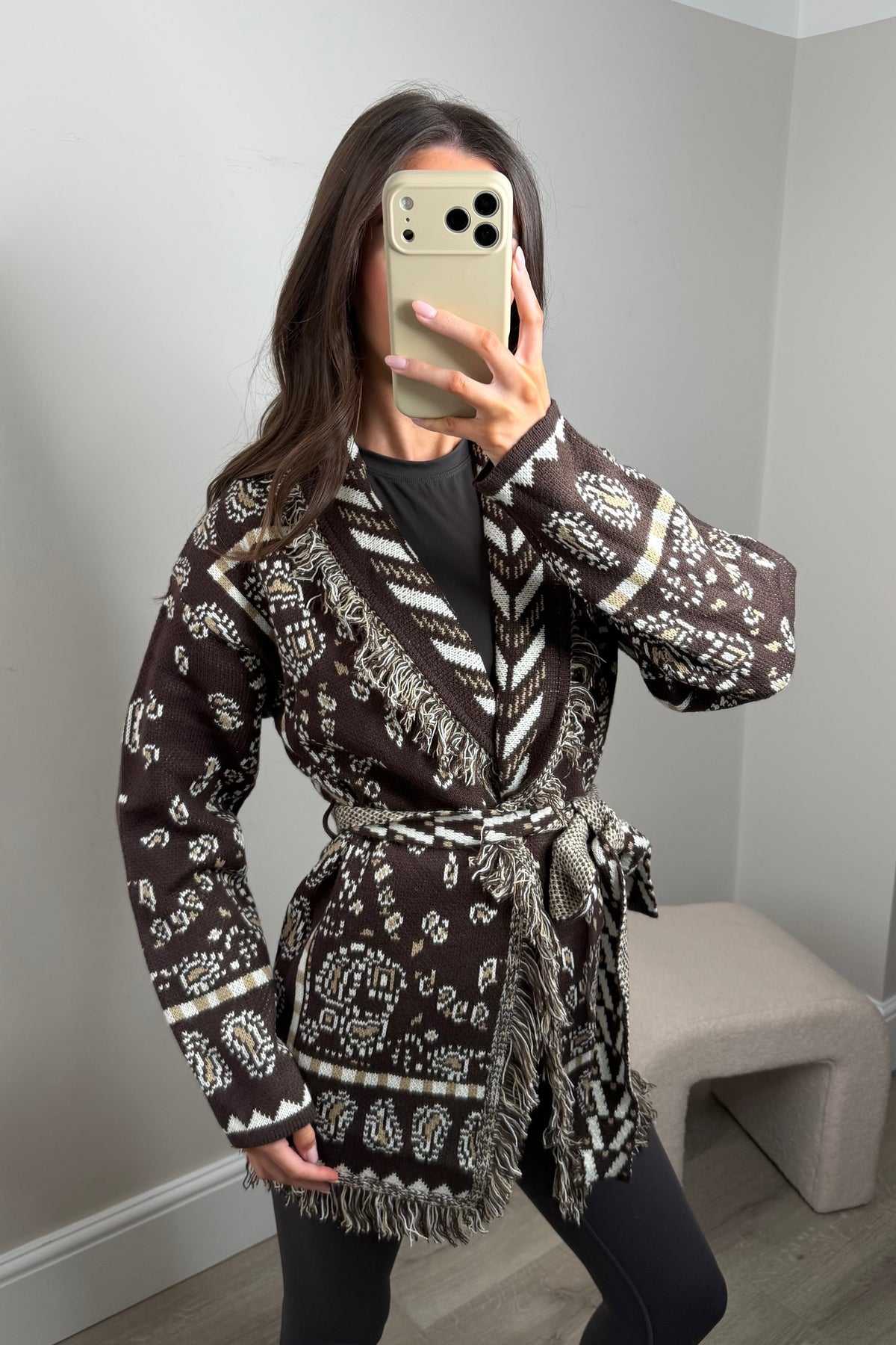 PARI BANDANA FRINGE CARDIGAN - CHOCOLATE