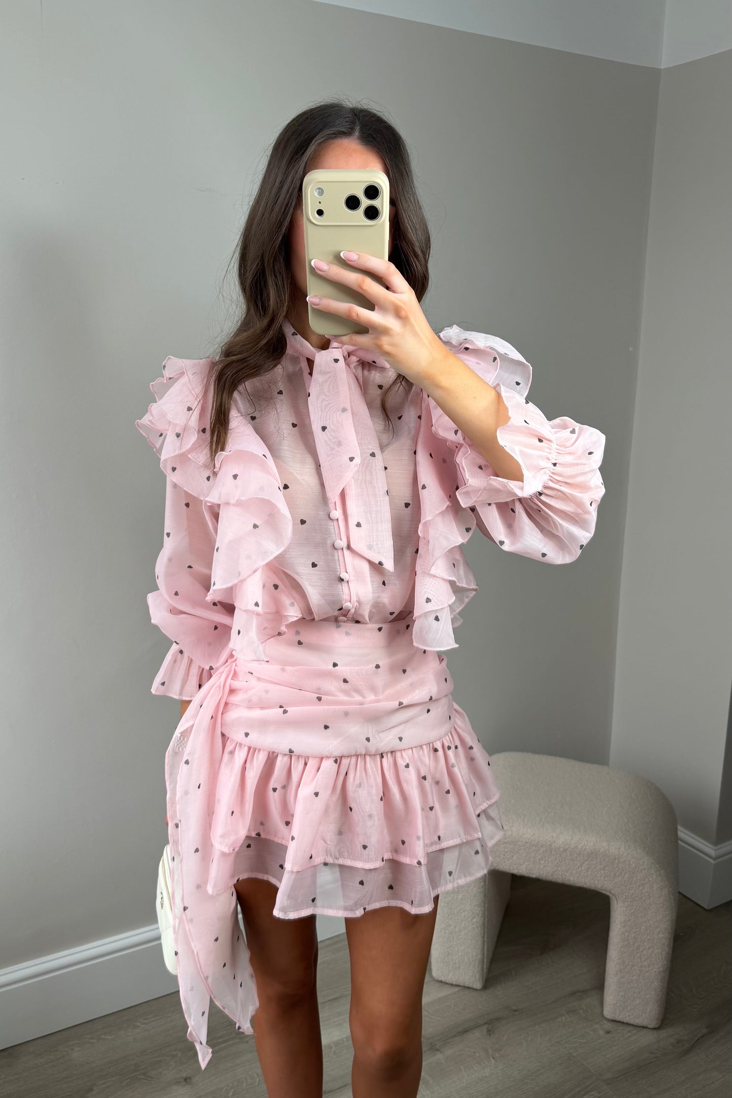 ‘FREYA’ FRILL HEART BLOUSE AND SKIRT SET - PINK