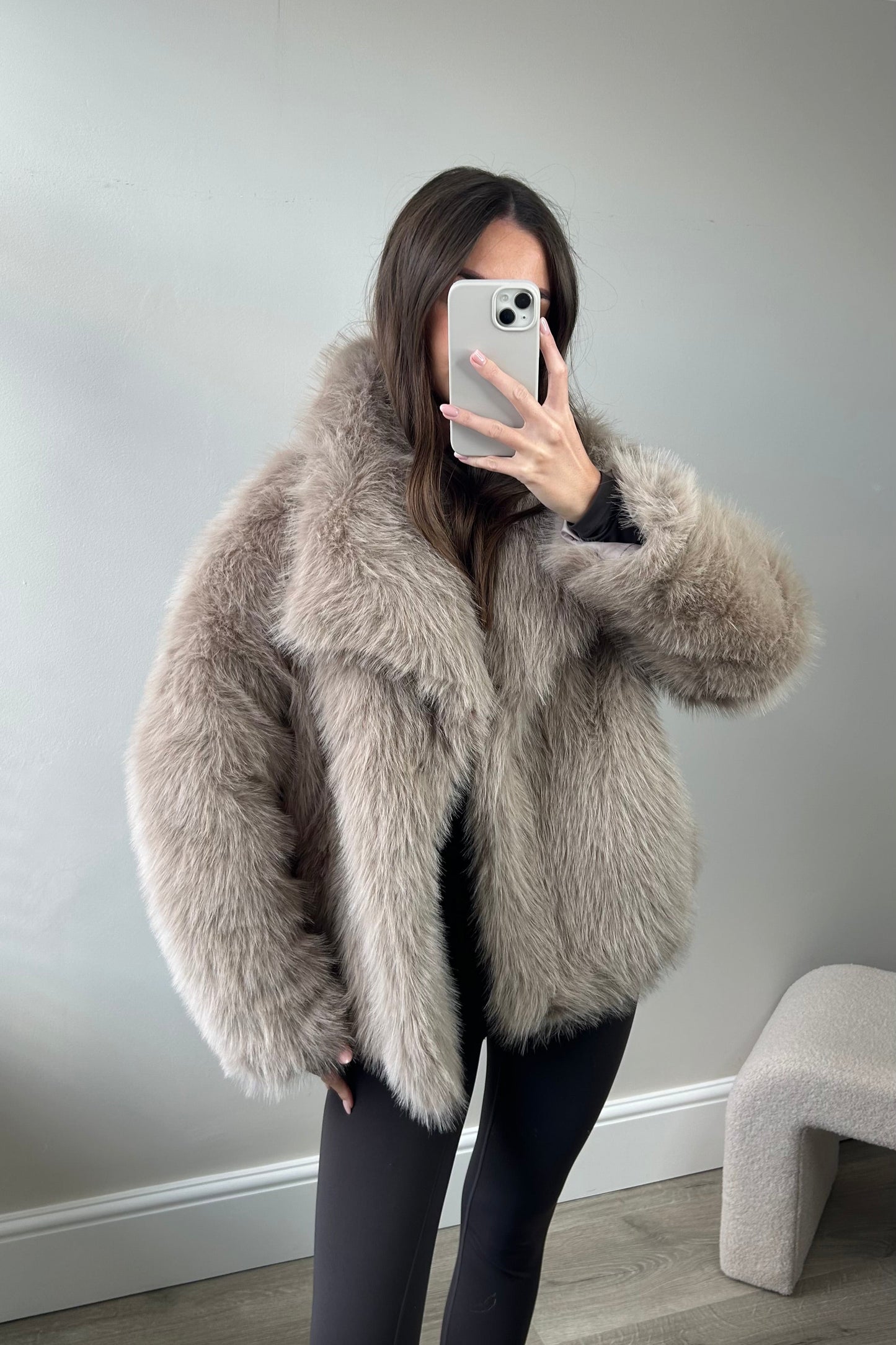 'ALBA' FAUX FUR COAT - STONE