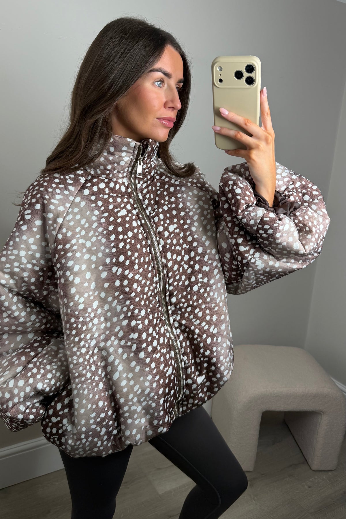 BAMBI PRINT PUFFER JACKET - BEIGE
