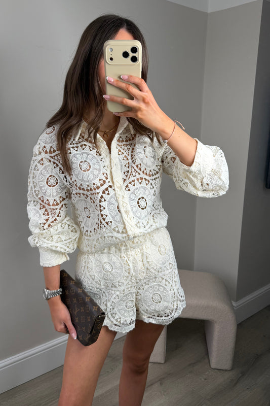 'BELLA' CROCHET SHIRT & SHORT SET - CREAM