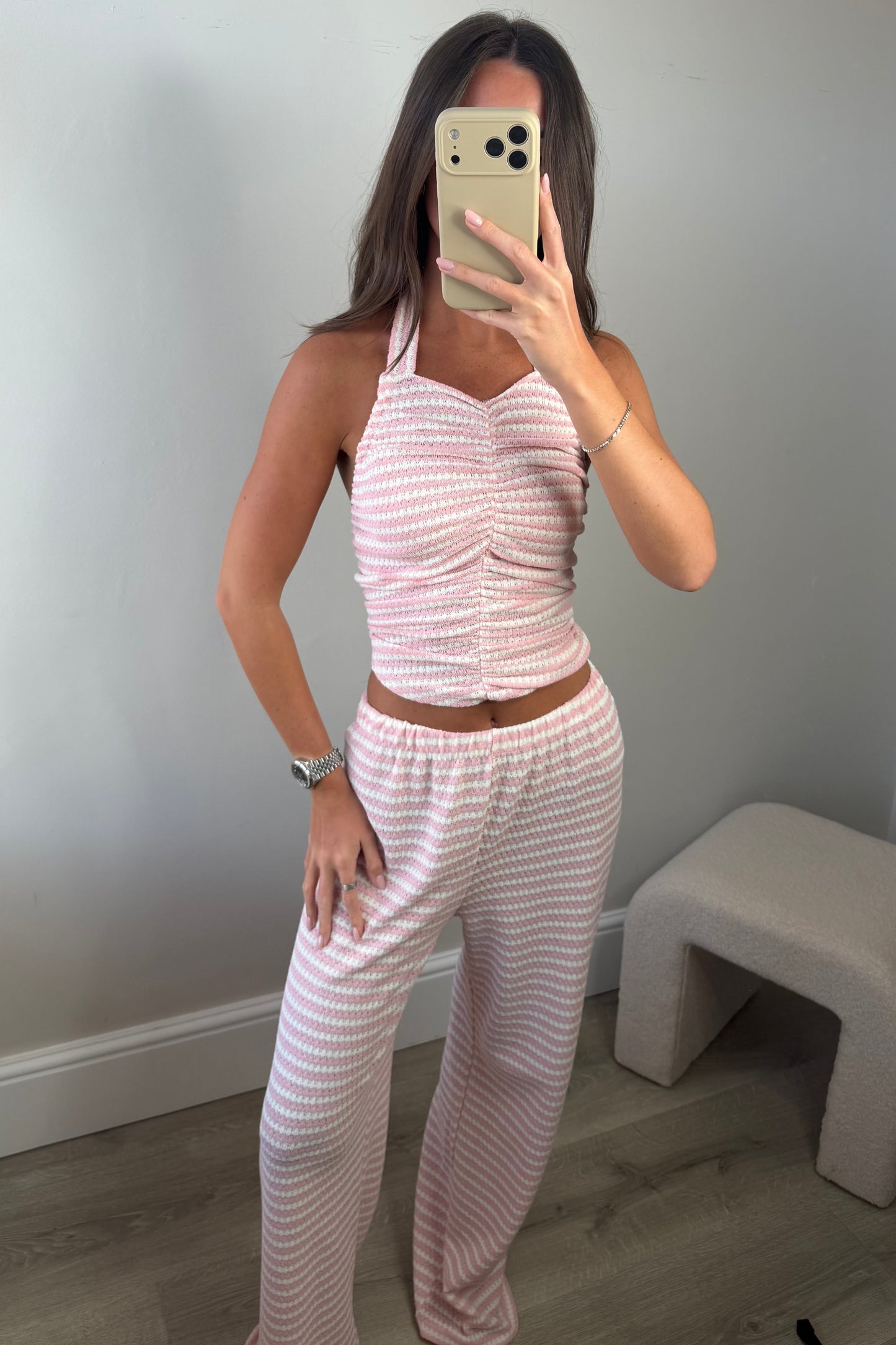 STRIPED HALTER NECK TWO PIECE - PINK